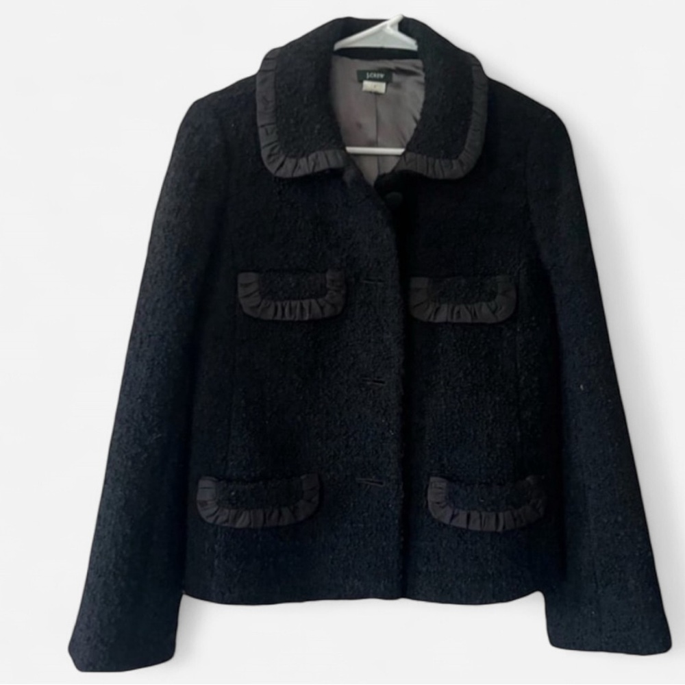 J. CREW BOUCLÈ TWEED PENNY JACKET BLACK ROUND COLLAR SILK TRIM OLD MONEY SIZE 6 - Picture 2 of 14